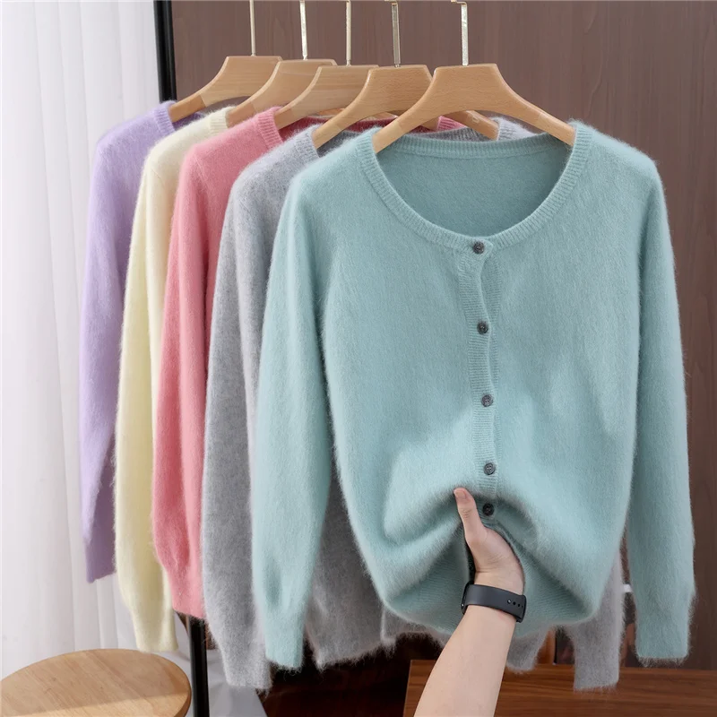 New Women 100% Mink Cashmere Sweater O-Neck Buttons Cardigan Autumn Winter Soft Warm Cable Kint Sweater Casual Long  Sleeve Tops