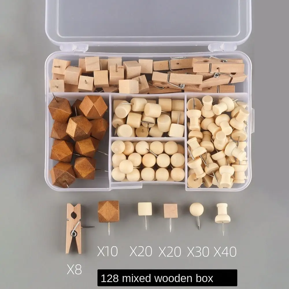 128 pçs criativo alfinetes de madeira diy reutilizáveis forma geométrica alfinetes multifuncional com caixa tachas foto decoração da parede
