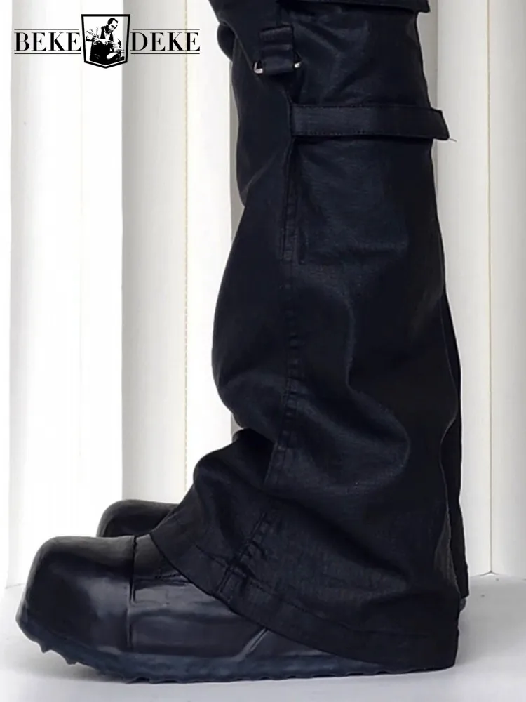 British Style Male Genuine Leather Hard Wearing Platform Boots Solid Color Horsehide Round Toe Cross Tied High Top Shoes