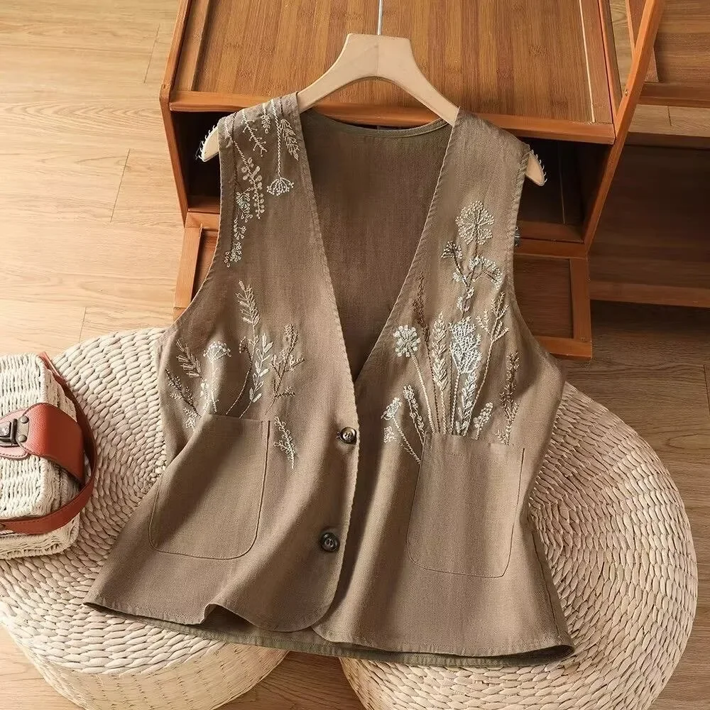 Womens Embroidery Vest Cotton Linen  Waistcoat Summer