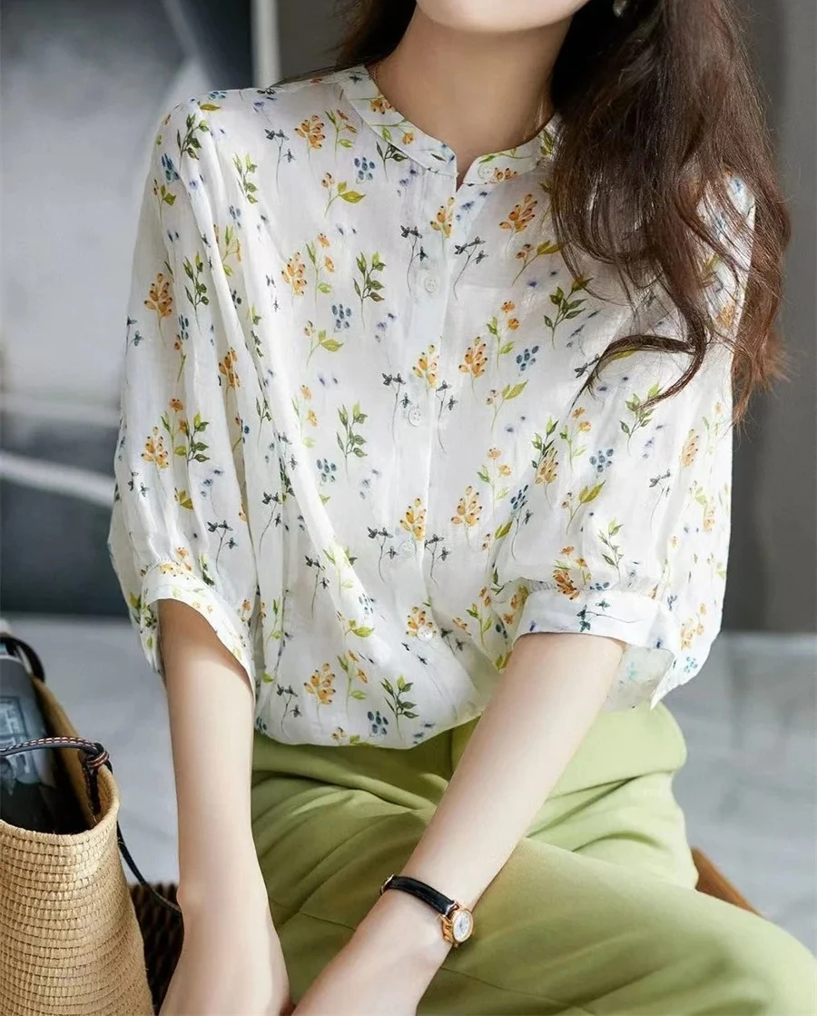 

Women Summer Style Blouses Tops Lady Casual Short Puff Sleeve Stand Collar Flower Printed Blusas Tops