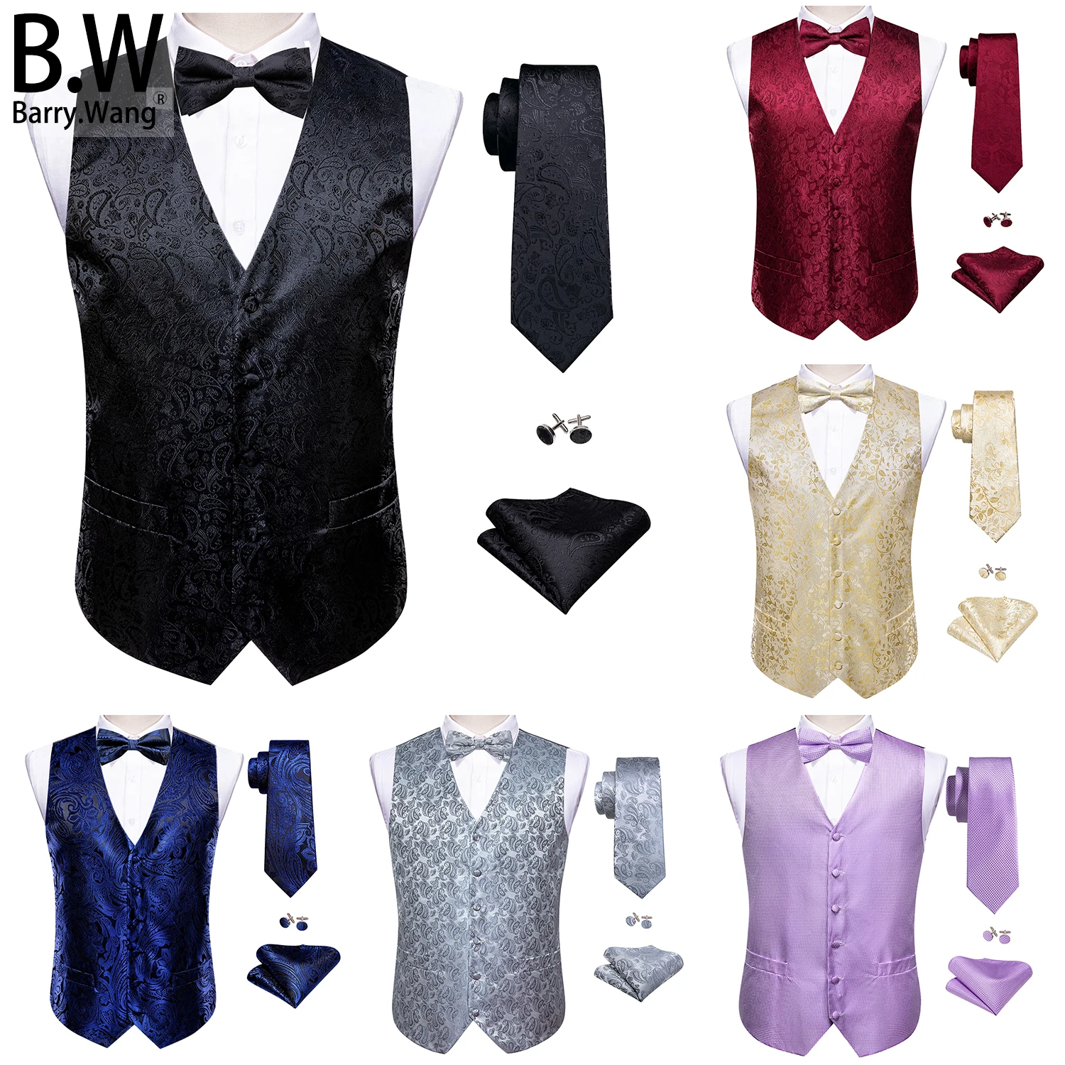 

Barry.Wang Silk Men Vest Jacquard Paisley Floral Waistcoat Tie Bowtie Hanky Cufflinks Set Sleeveless Jacket Wedding Business