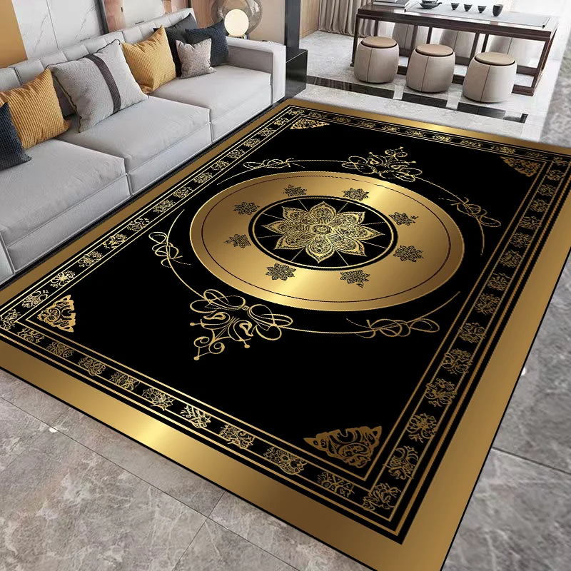 Luxury Living Room Carpets Golden Black Decoration Carpet Hotel Hall Sofa Floor Mat Soft Washable Room Decor Corridor Large Rugs