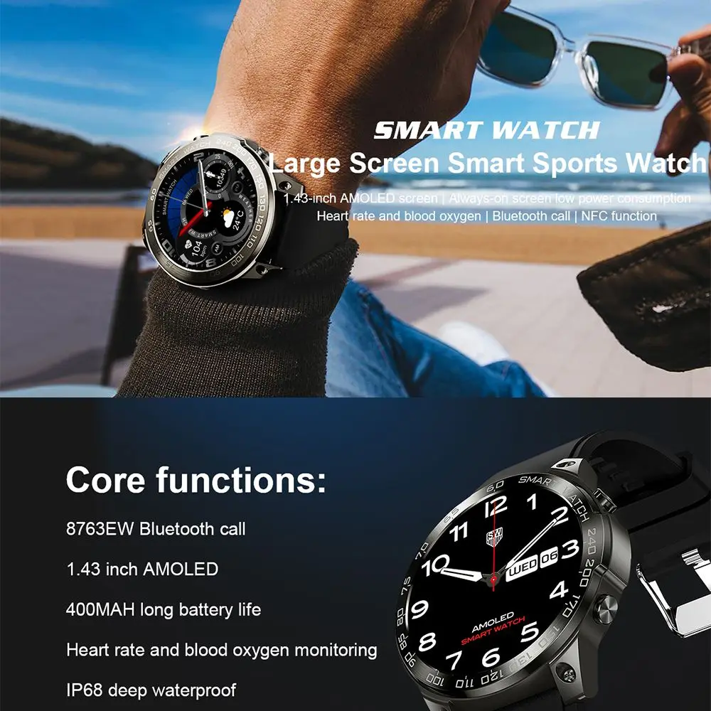 2024 New Smart Watch Men Always On Screen Bluetooth Call Sport Health Monitoring IP68 Life Waterproof 400mAh Battery Smartwatch