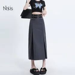 High Waist Midi Skirt Women Spring Summer Casual A-line Pleated Long Skirt Grey Black Fashion Korean Style Clothing Female Y2k