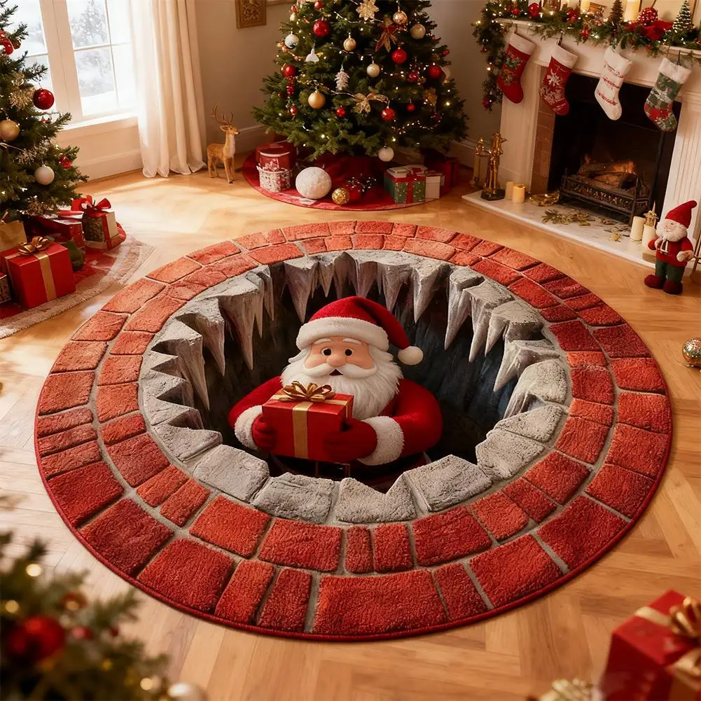 3d Christmas Round Rug Washable Non-Slip Xmas Rug Christmas 3d Rug Wear-Resistant For Bedroom Kitchen Entryway