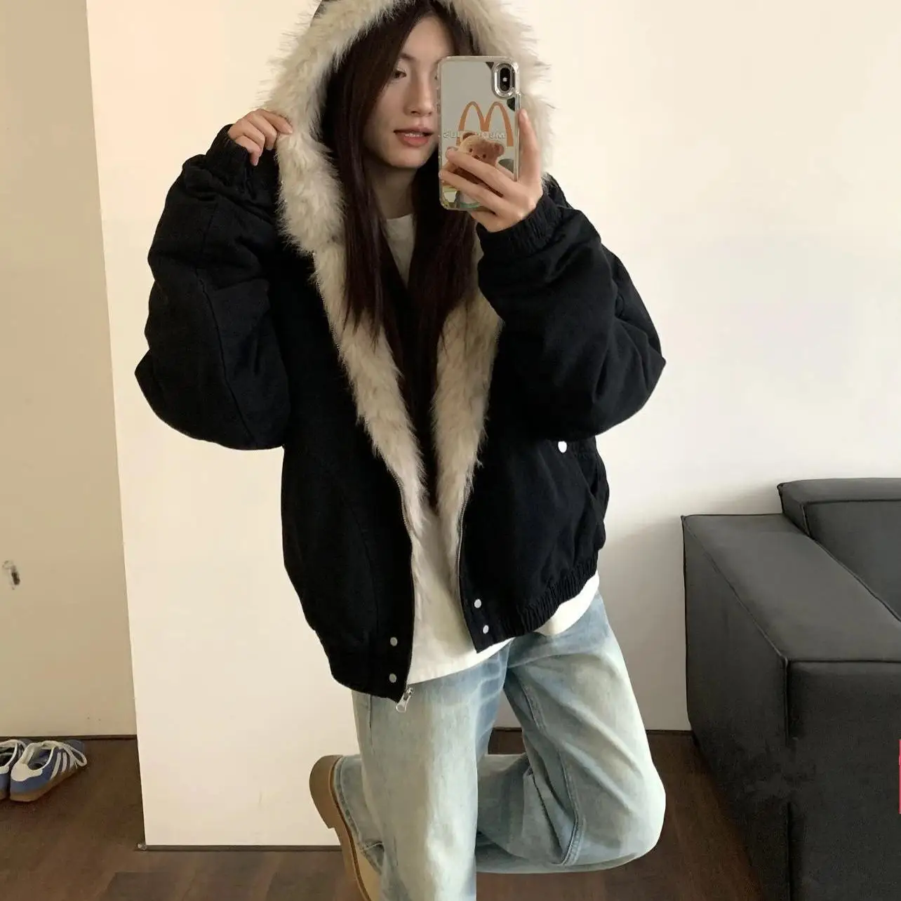 

2025 Autumn New Wool Collar Women's Hoodie Jacket Winter Warm Retro Hip Hop Gothic Harajuku Oversized Zip Up Hoodie Coat Y2k