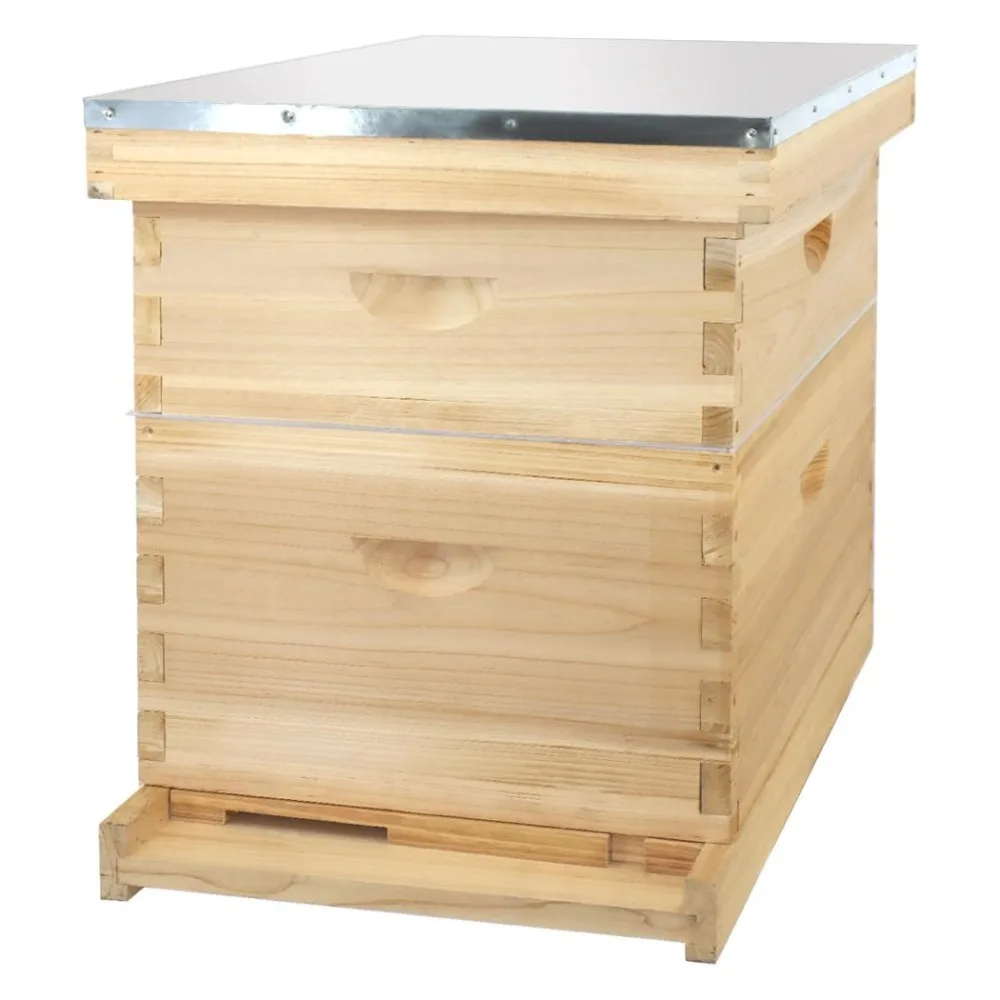 8 Frame Bee Hive, Compelte Bee Hive Starter Kit Includes 1 Deep Brood Honey Bee Hives Box, 1 Medium Super Bee Box Beehive Frames