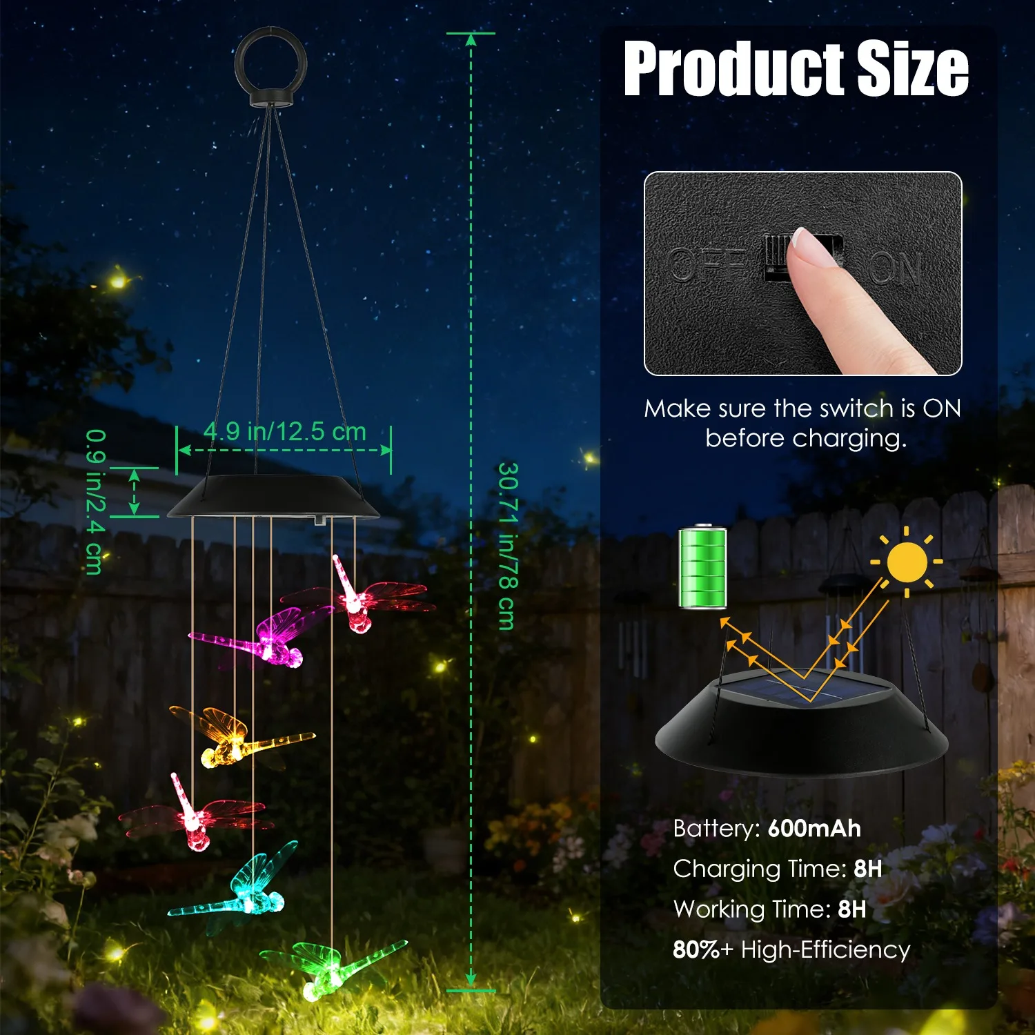 2PCS-Outdoor Solar Wind Chimes, Solar Dragonfly Wind Chimes, Color Changing LED Wind Chime Light, IPX4 Waterproof Outdoor Hanging Decor for Garden Patio Yard
