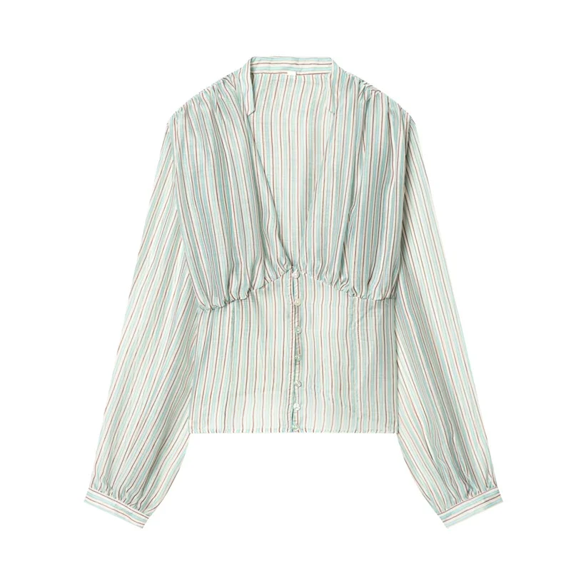 

Женская рубашка 2026: Новинка Весны, светло-зеленая в полоску, сексуальная, с V-образным вырезом, прозрачная, с завязками на талии, модная, для отпуска