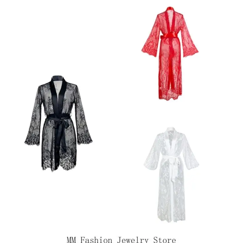 

Women's Sheer Lace Long Lingerie Kimono Robe Nightgown Bridal Sleepwear Loungewear See Through Dressing Gown with Belt D0UB