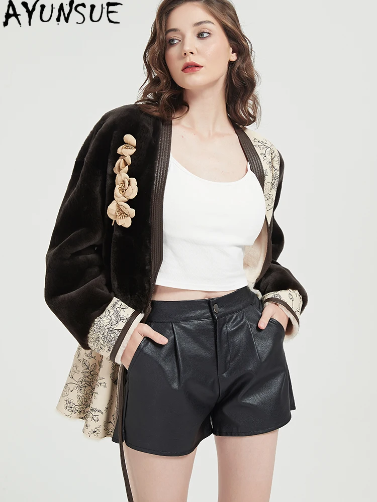 AYUNSUE Naturalny płaszcz ze skóry owczej damski zimowy średniej długości kurtka ze skóry naturalnej damska wiązana kwiatem nowość w płaszczach 2025