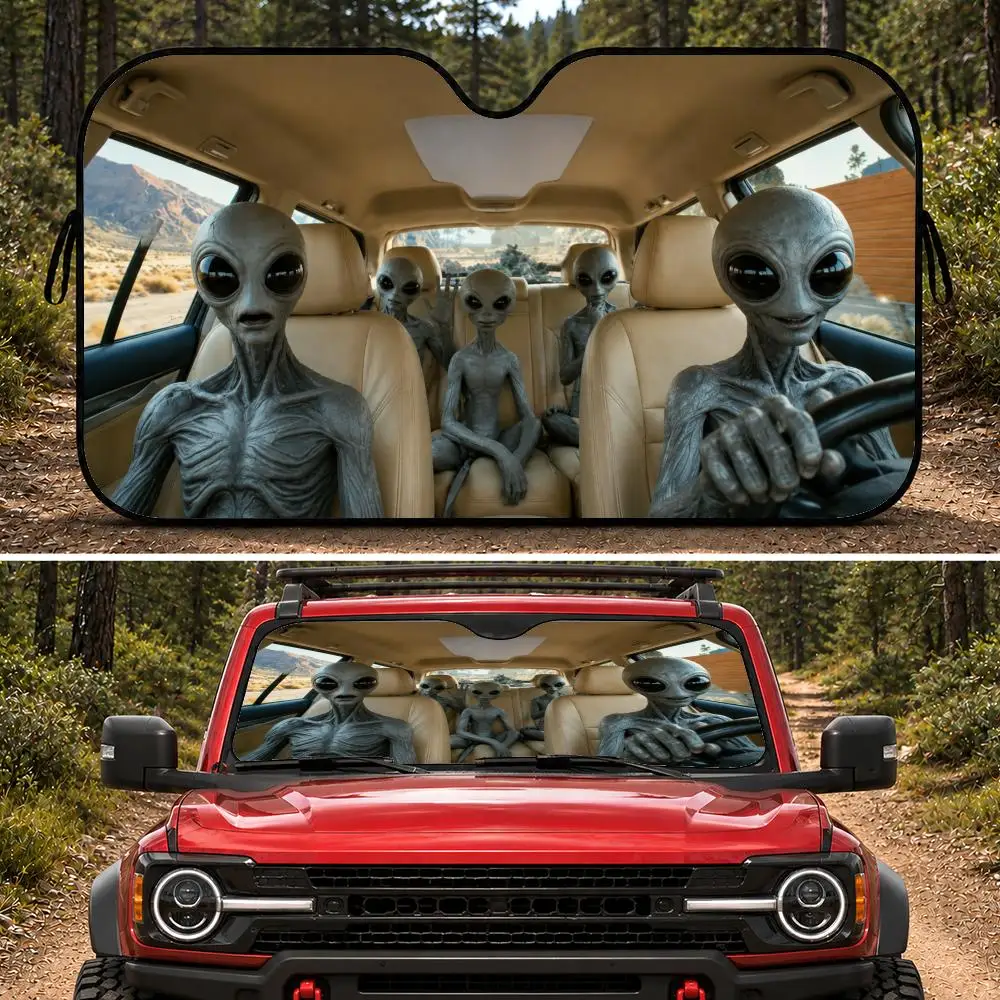 

Funny Aliens Sun Visor Aluminum Foil Windshield Sunshade with Reflective UV Protection Heat Insulation Foldable Fit