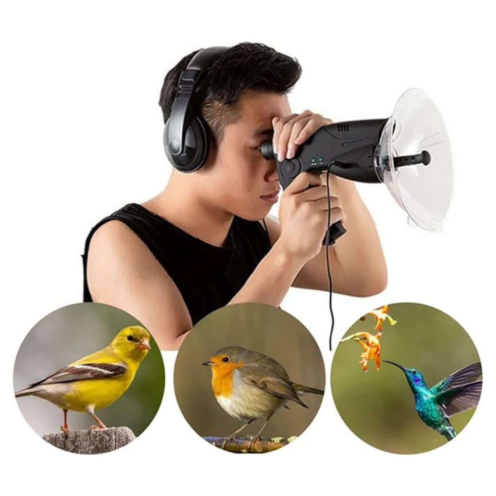 Parabolic Dish Directional Microphone Clear Sight Long Distance Hearing Birds Listening Telescope black