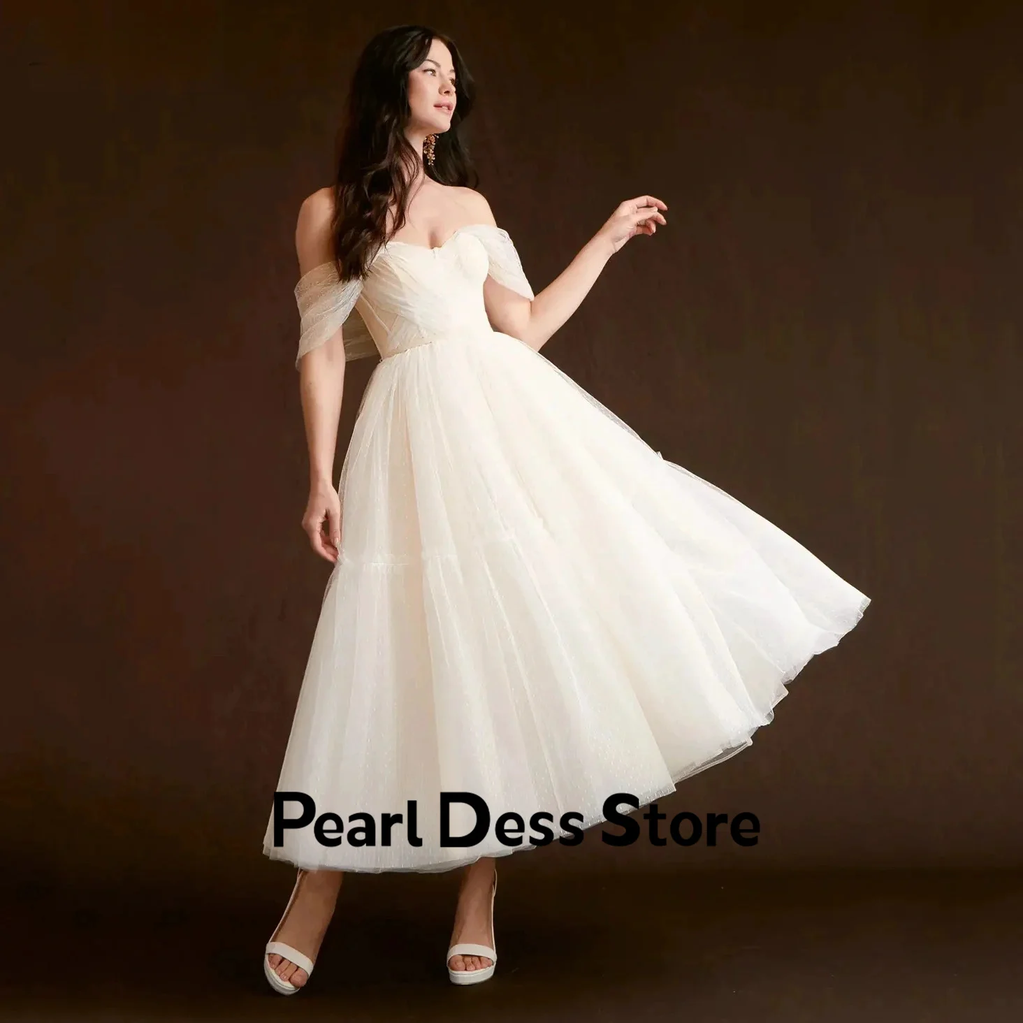 Women's formal wedding dress, sweet neckline, off shoulder polka dot and ankle evening dress