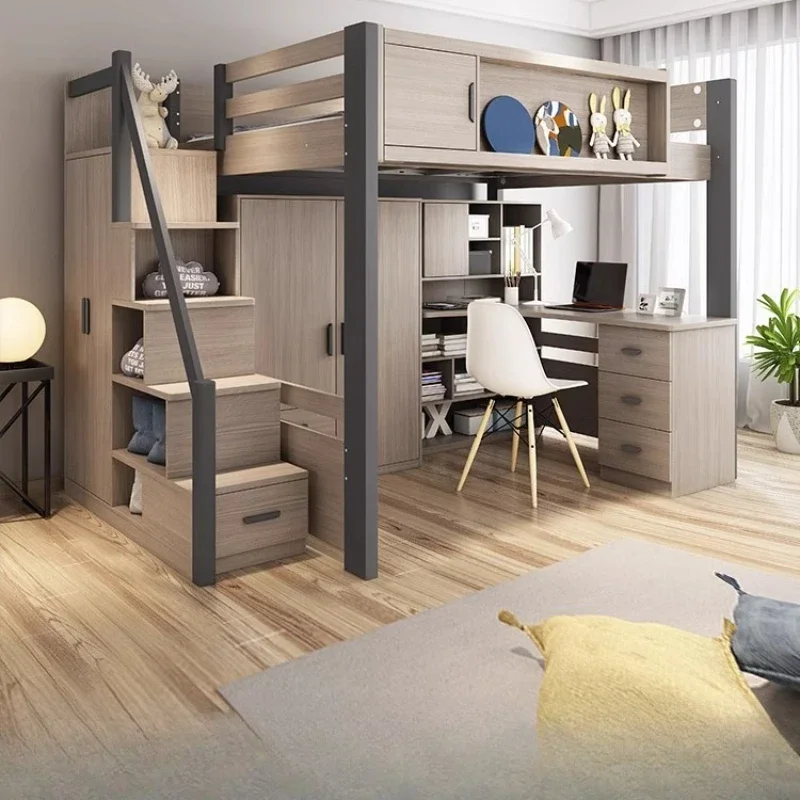 Bunk bed upper and lower bunk staggered small apartment high and low bed multi-functional combination  with desk and bed