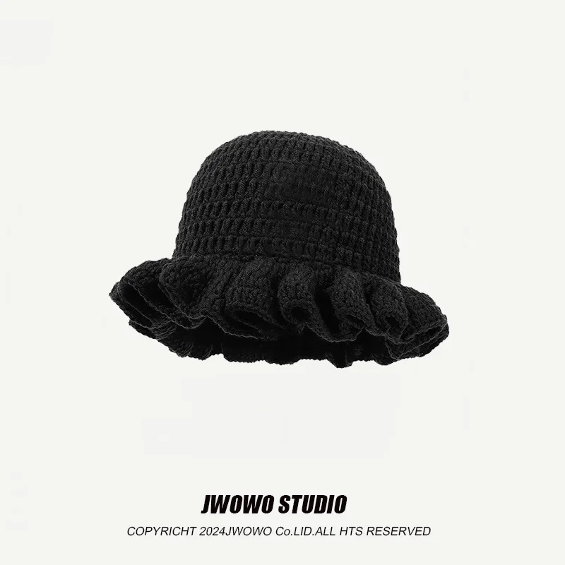 New Handcrocheted Solid Color Bucket Hat Women's Autumn and Winter Pleated Ruffle Leaf Edge Versatile Simple Knitted Beanie Cap