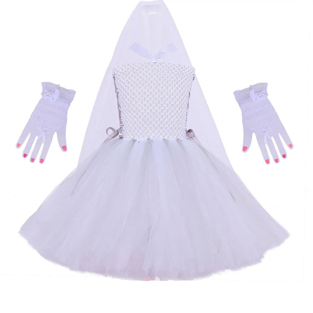 

Ghost Bride Girls Halloween Costume Tutu Dress with Gloves Veil Teen Girls Cosplay Costume Fancy Dress Up Kids Party Dresses