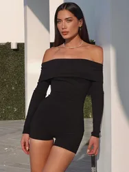 Mozision Off-shoulder Long Sleeve Sexy Playsuits Women Rompers Autumn New Black Ribbed Strapless Backless Skinny Playsuits