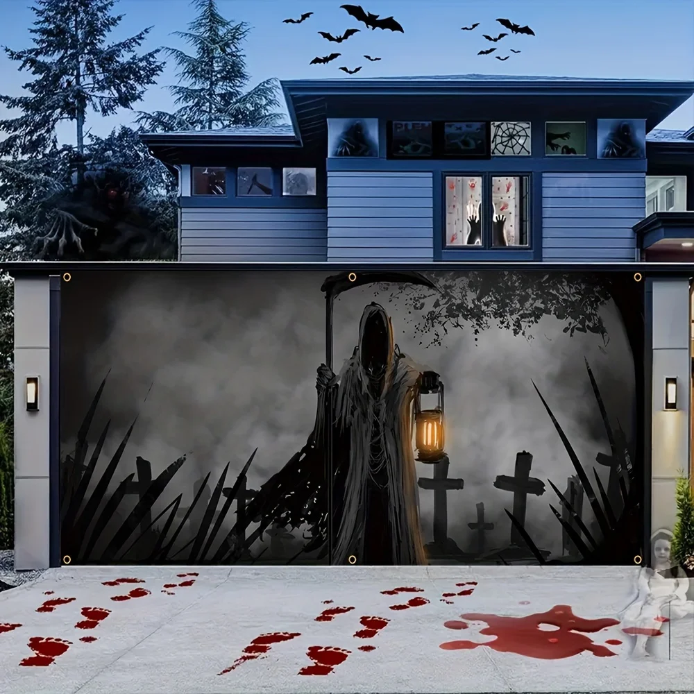 لافتة باب جراج الهالوين - شخصية مرعبة مع مصباح - مدخل مثير ليلة الهالوين - ديكور حفلات عائلية
