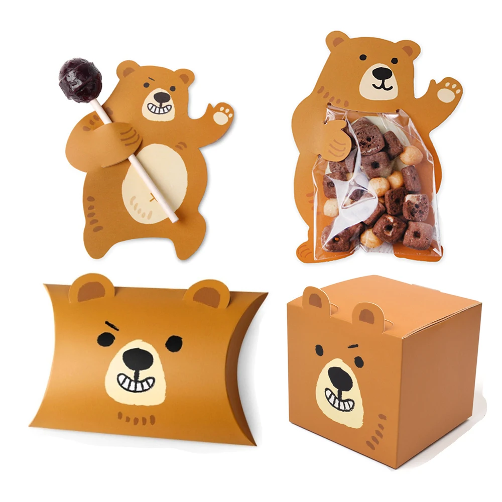 

1set Cartoon Cute Bear Candy Bags Brown Bear Biscuit Boxes for Kids Birthday Party Decorations DIY Gifts Packaging Supplies