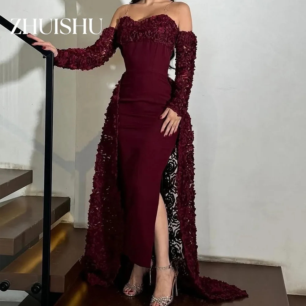 

ZHUISHU 3D Floral Lace Saudi Evening Gown Burgundy Women Prom Dresses Special Occasion Dresses Customized Party Dresses