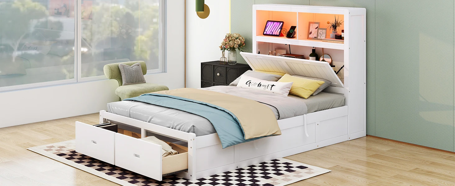 سرير بمنصة هيدروليكية بيضاء كاملة الحجم مع محطة شحن اللوح الأمامي LED ودرجين لتخزين الخشب الصلب على طراز الخشب الصلب