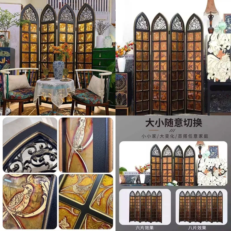 Black Folding Room Divider Screen with Art Glass Antique French Style Partition for Living Room Bedroom European Decor