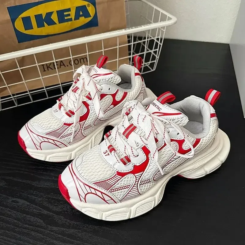 Chic Chunky Sneakers Women Men 2024 New Design White Red Ladies Sports Shoes Comfortable Wide Sole Casual Shoes 41 42 Big Size