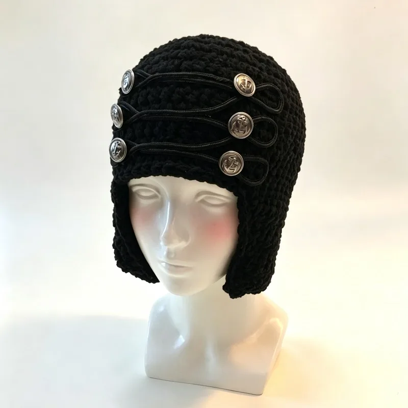 Handmade Crochet Solid Color Helmet Earflap Beanie Winter Women Custom Button Knitted Warm Hat Men Casual Outdoor Unisex Caps