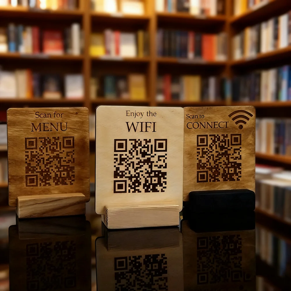 علامات قائمة رمز الاستجابة السريعة المخصصة علامات WiFi لافتات عامة خشبية شعارات متجر شخصية عداد رمز الاستجابة السريعة علامات خشبية قائمة #6