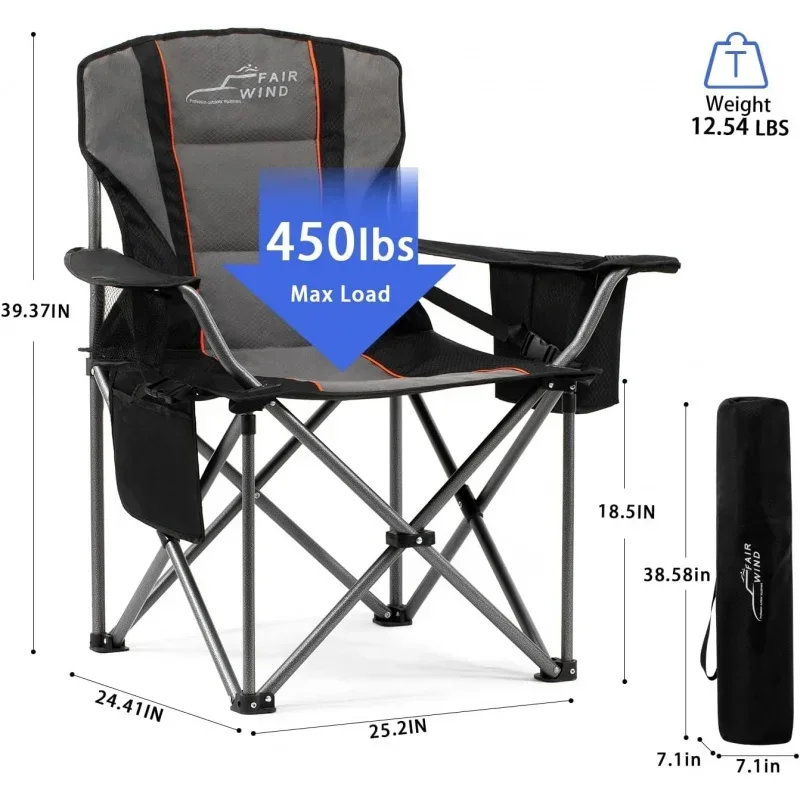 Oversized Fully Padded Camping Chair with Lumbar Support, Heavy Duty Quad Fold  Cooler Bag,  450 LBS, Black