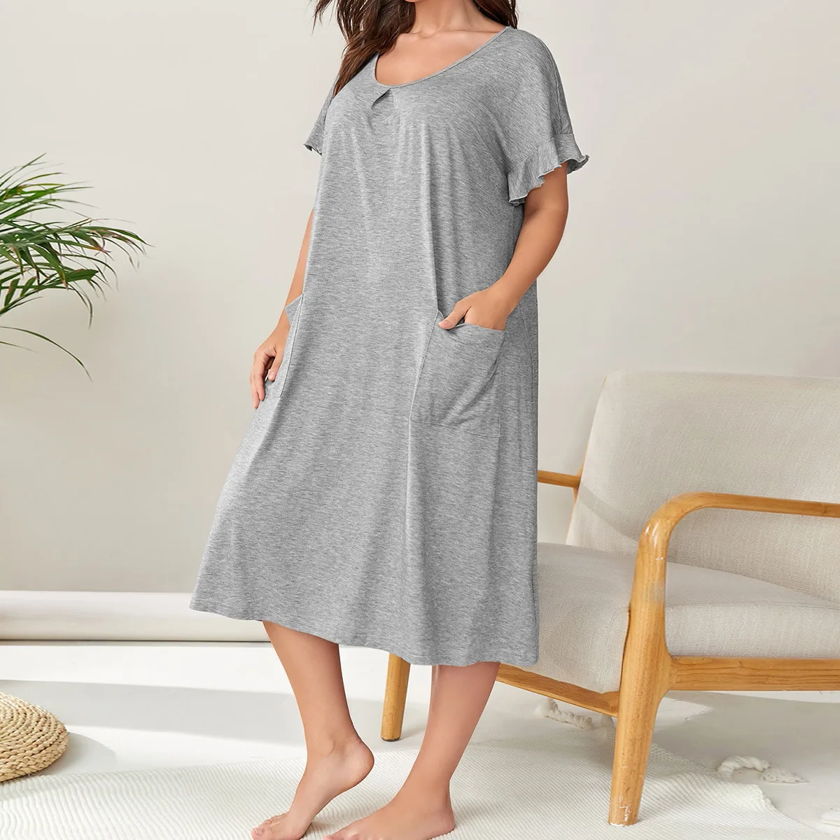 Plus Size 3XL 4XL 5XL Ruffled Nightdress Sexy Women\'s Pocket Nightwear Loose Casual Intimate Lingerie Home Wear Simple Nightgown