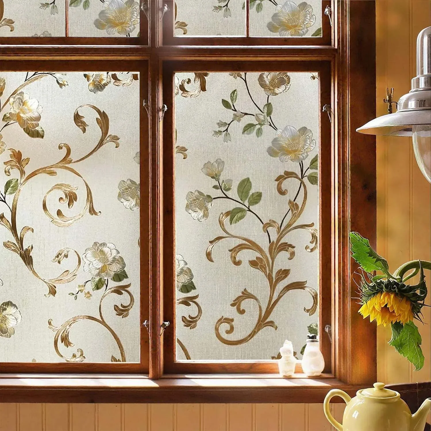 Gold Floral Window Privacy Film Static Cling, Frosted Decorative Glass Sticker, No Glue UV Blocking for Bathroom Bedroom Home