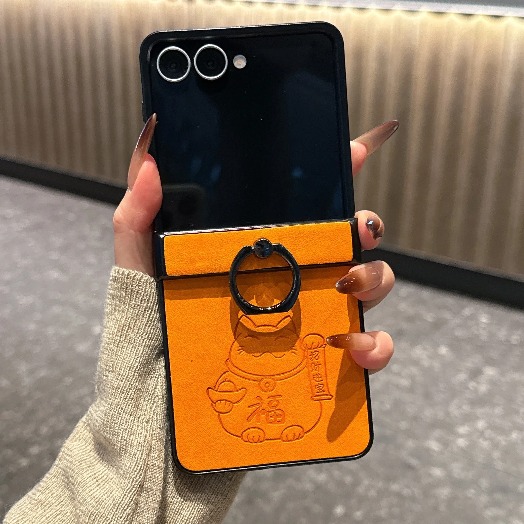 Bonito dos desenhos animados gato capa de telefone para samsung galaxy z flip 7 anel titular caso para samsung z flip 6 zflip5 retro couro casos traseiros