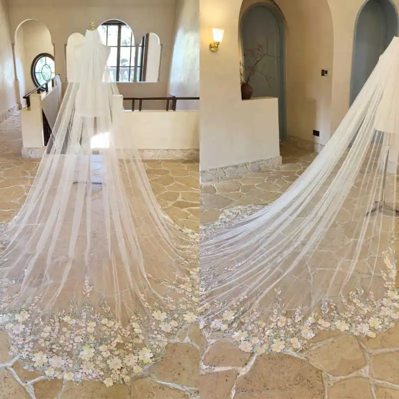 

Illusion Lace Appliques Edge Wedding Veils 3M Cathedral Length One Layer Bridal Veils With Comb Customized Wedding Accessories