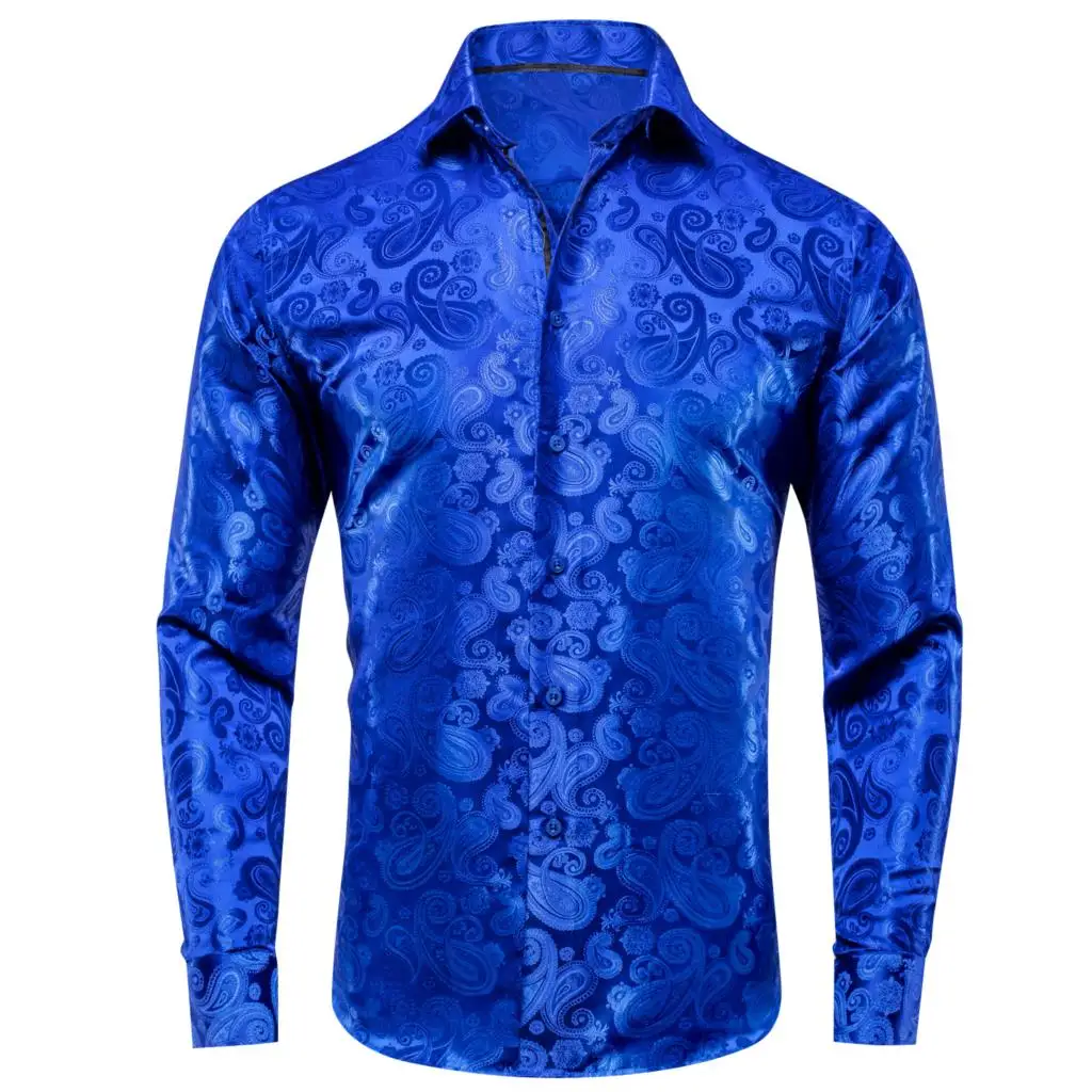 Hi-Tie Royal Blue Silk Mens Shirts with Braces Bowtie Hanky Cufflinks Suspender Long Sleeve Shirt Jacquard Male Wedding Business