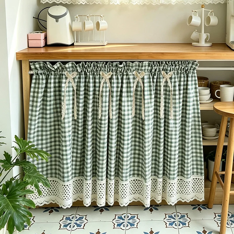 Modern Green Plaid Small Curtains Boho Style Beige Hollowed Lace with Bow Decor Half Curtain For Living Room Kitchen and Cabinet