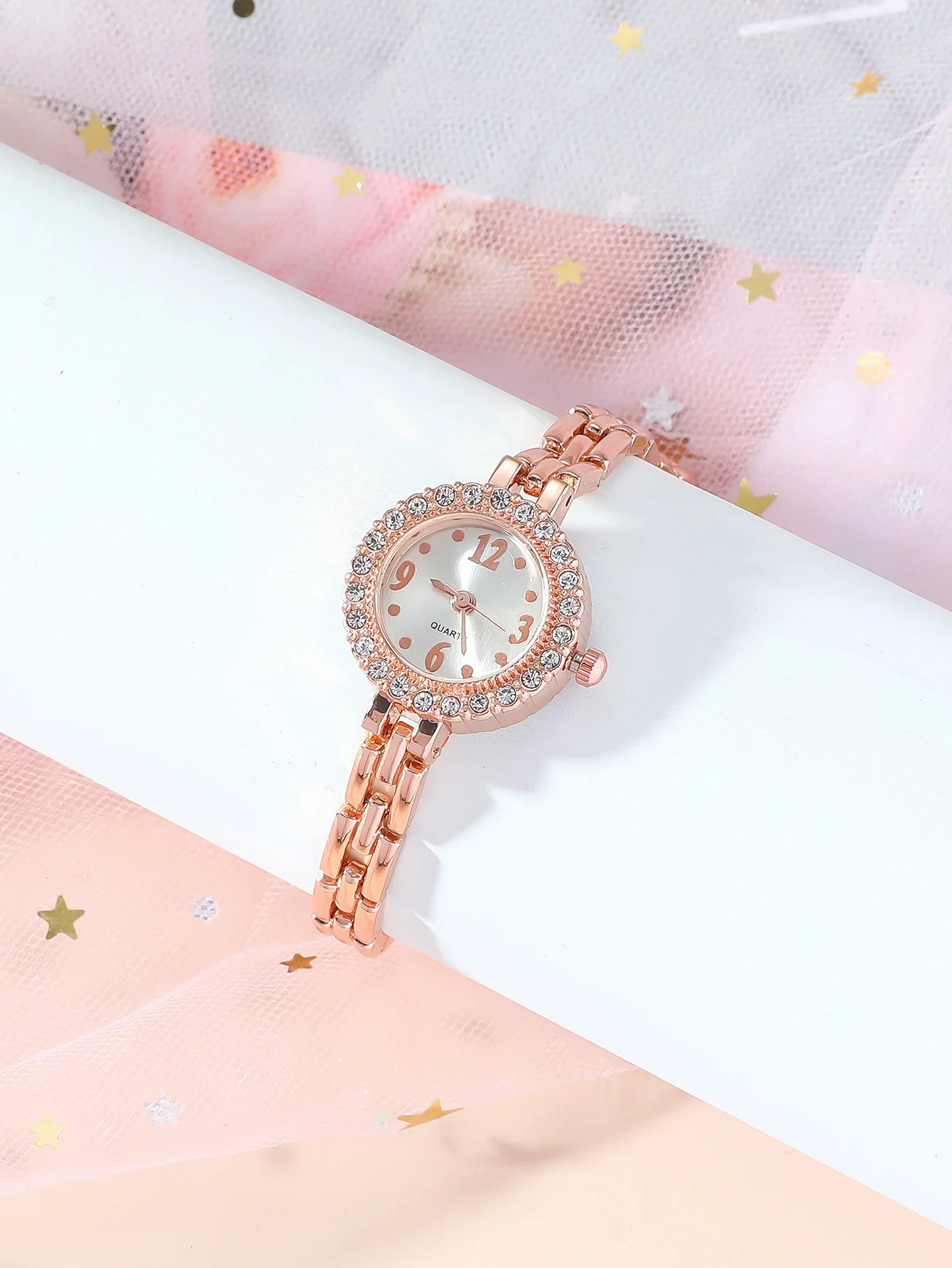 A Classic Stylish Minimalist Women\'s Bracelet Quartz Watch With Small Fresh Case With Rhinestones. For Everyday Life