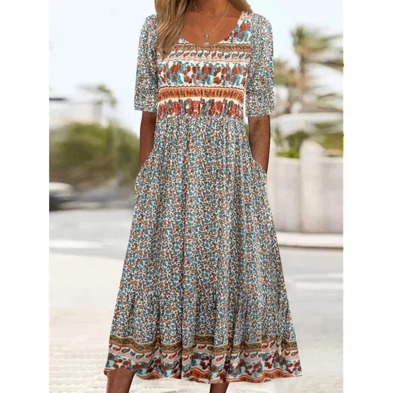 

2025 Summer New Bohemian Maxi Dress Women Round Neck Short Sleeve Floral Print Beach Vacation Dress wedding dresses for women