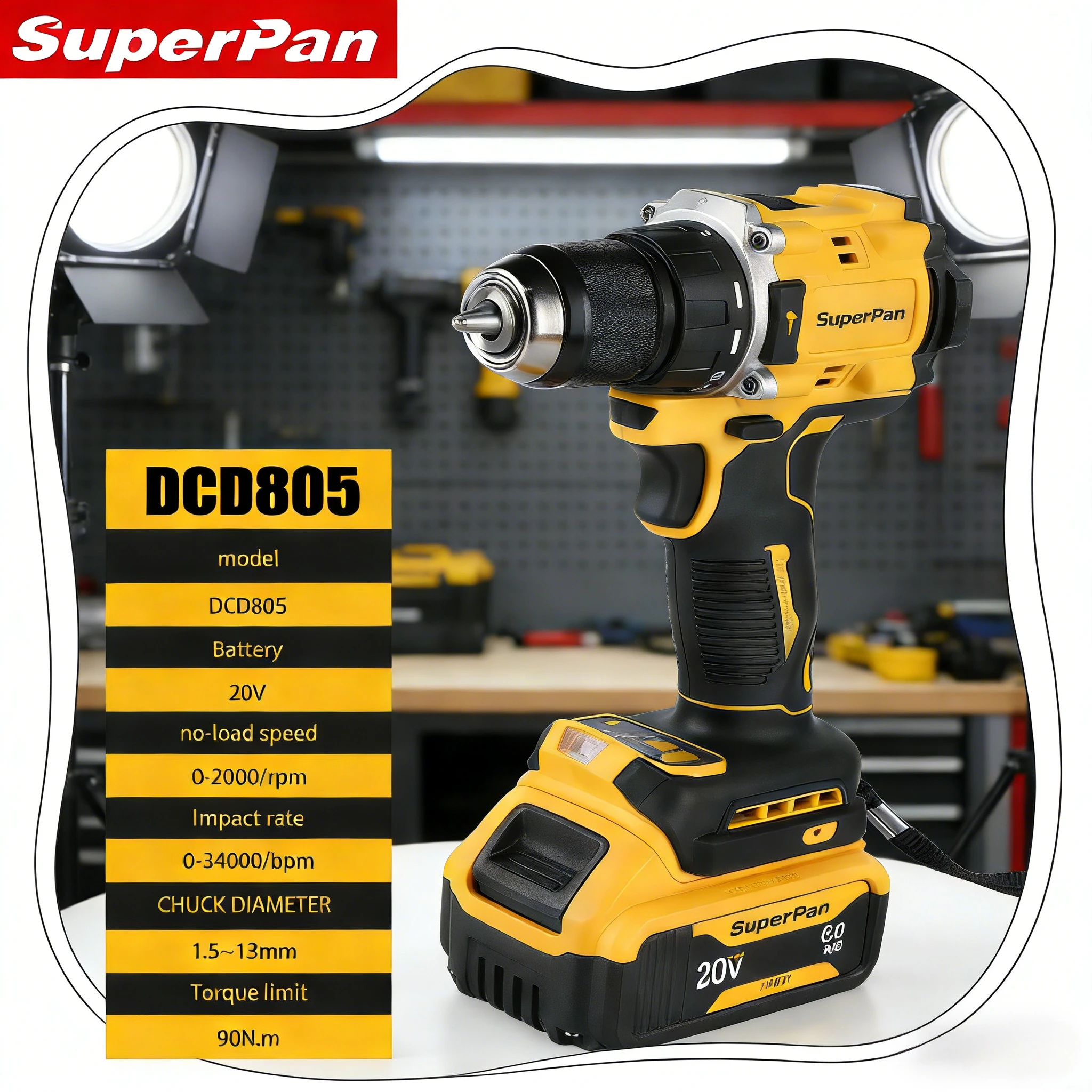 

Электрическая дрель SuperPan SP805 с высоким крутящим моментом, бесщеточная конструкция, для промышленного строительства, совместима с аккумулятором Dewalt 20V.