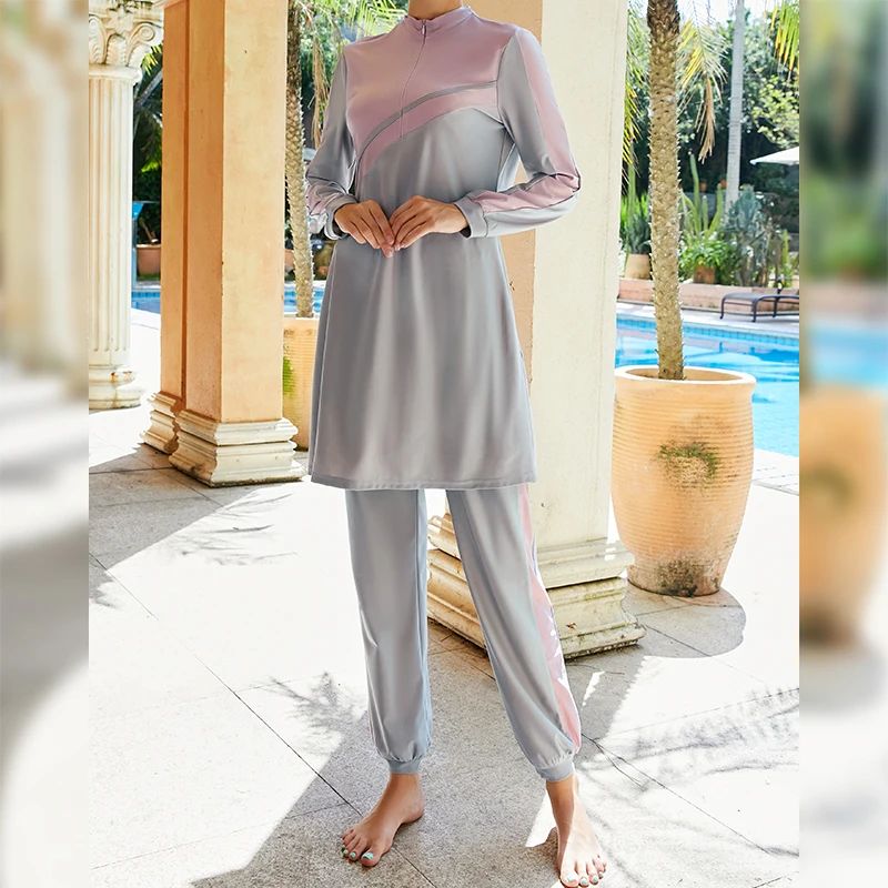 

Good Quality Burkini High Elastic Zipper Style Women Swimsuit With Swimming Cap Hot Selling Surf Swimwear