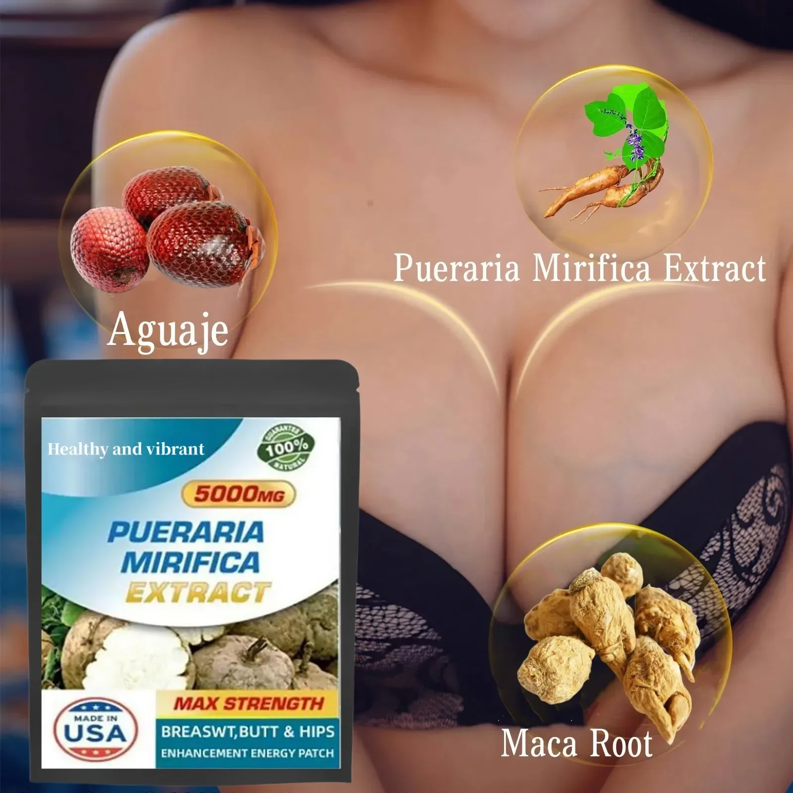 Más grande aumento de senos, glúteos y caderas complejo de extracto puro de Pueraria Mirifica - Aguaje, Maca en polvo 5000 mg 5 unids/bolsa