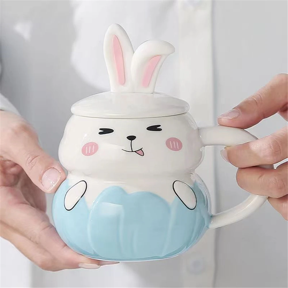 Ceramic Mug Cute Panda Cat Rabbit Funny Animal Water Cup with Lid Decorative Coffee Cup with Cover Children Kids Drinkware Cups