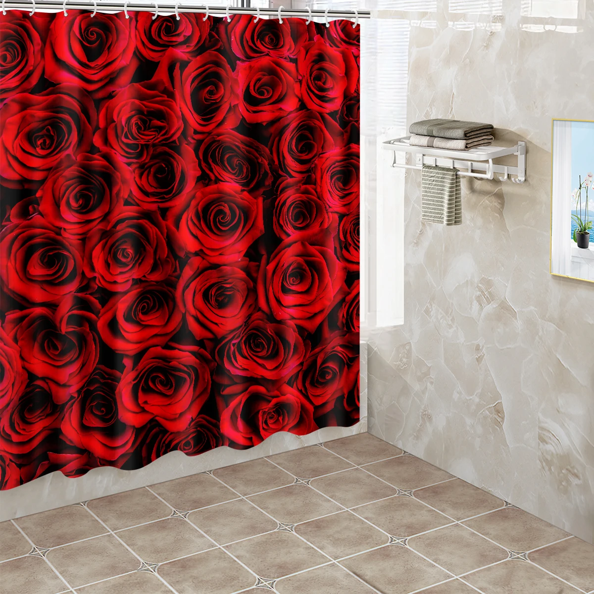 1pc Red Rose Shower Curtain Bathroom Partition Decorative Curtain Machine Washable Rose Print Window Privacy Curtain