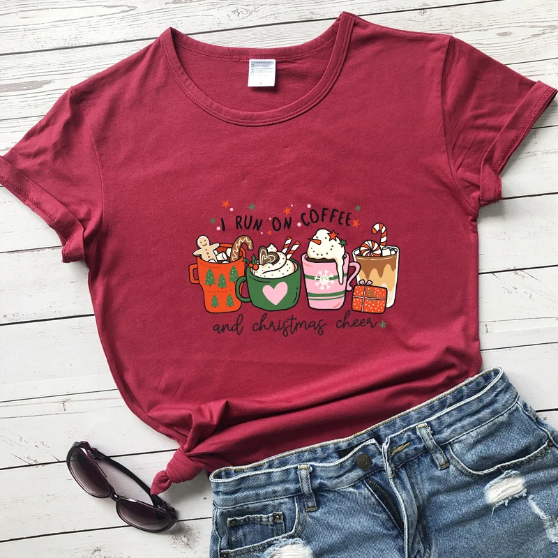 colored i run on coffee and christmas cheer tshirt vintage women short sleeve winter holiday caffeine tee shirt top