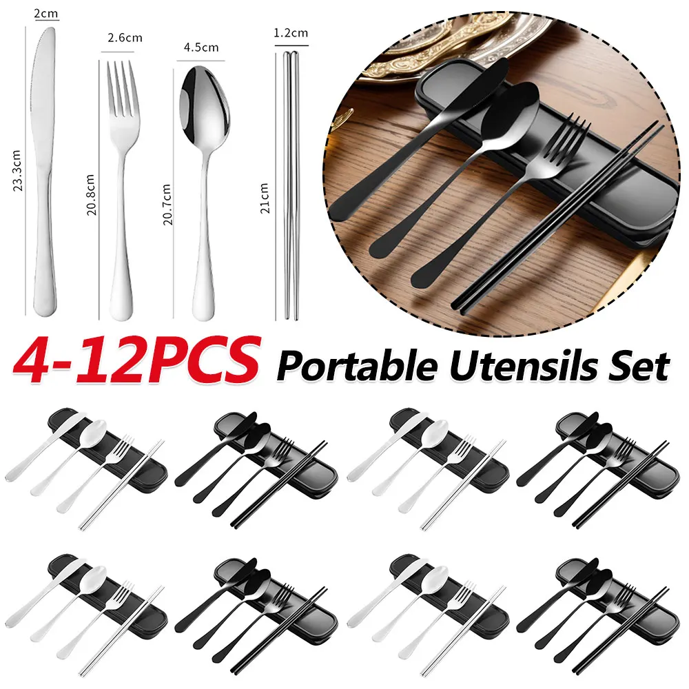 

12 шт. портативный набор столовых приборов из нержавеющей стали, многоразовый набор столовых приборов, удобный набор посуды для обеда, кемпинга, школы, пикника