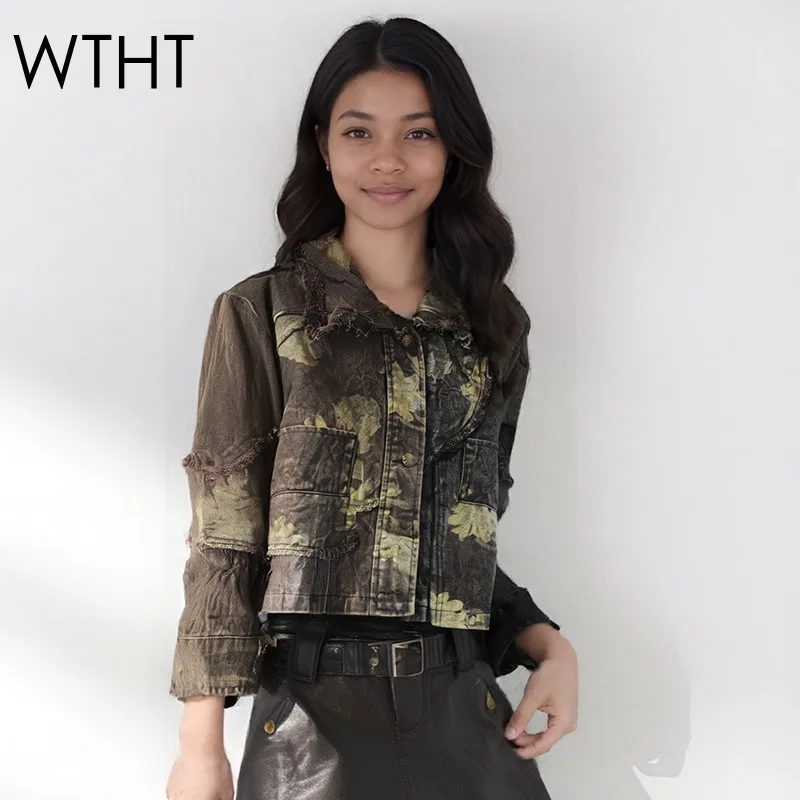 

WTHT винтажная модная женская свободная джинсовая куртка со старым принтом, лето 2021, модное пальто с длинными рукавами и лацканами, женское 1LS2216