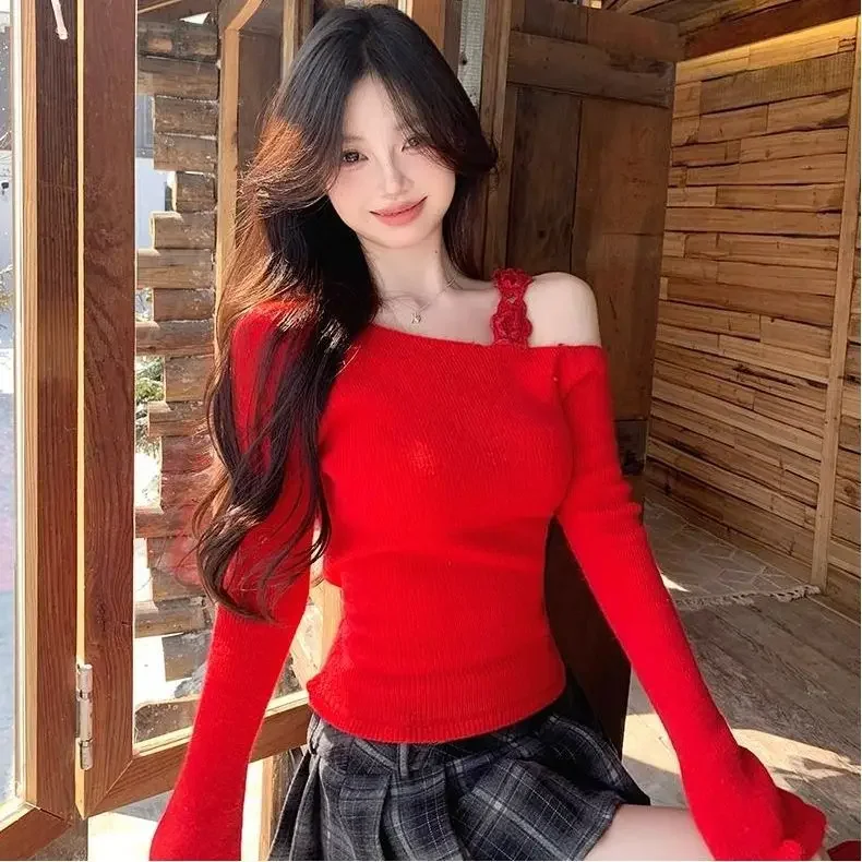 

Red Flower Pure Desire Knitted Short Base Shirt Women's Autumn Winter Shoulder Bared Inner Wear Unique Beautiful Top