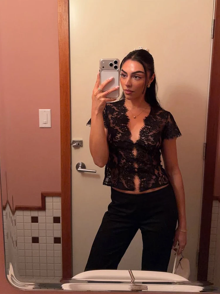 

Sexy Women Black Floral Lace Sheer Mesh Blouse Chic Short Sleeve Deep V-neck Cutout Slim Top 2026 Spring Lady Club Street Shirts